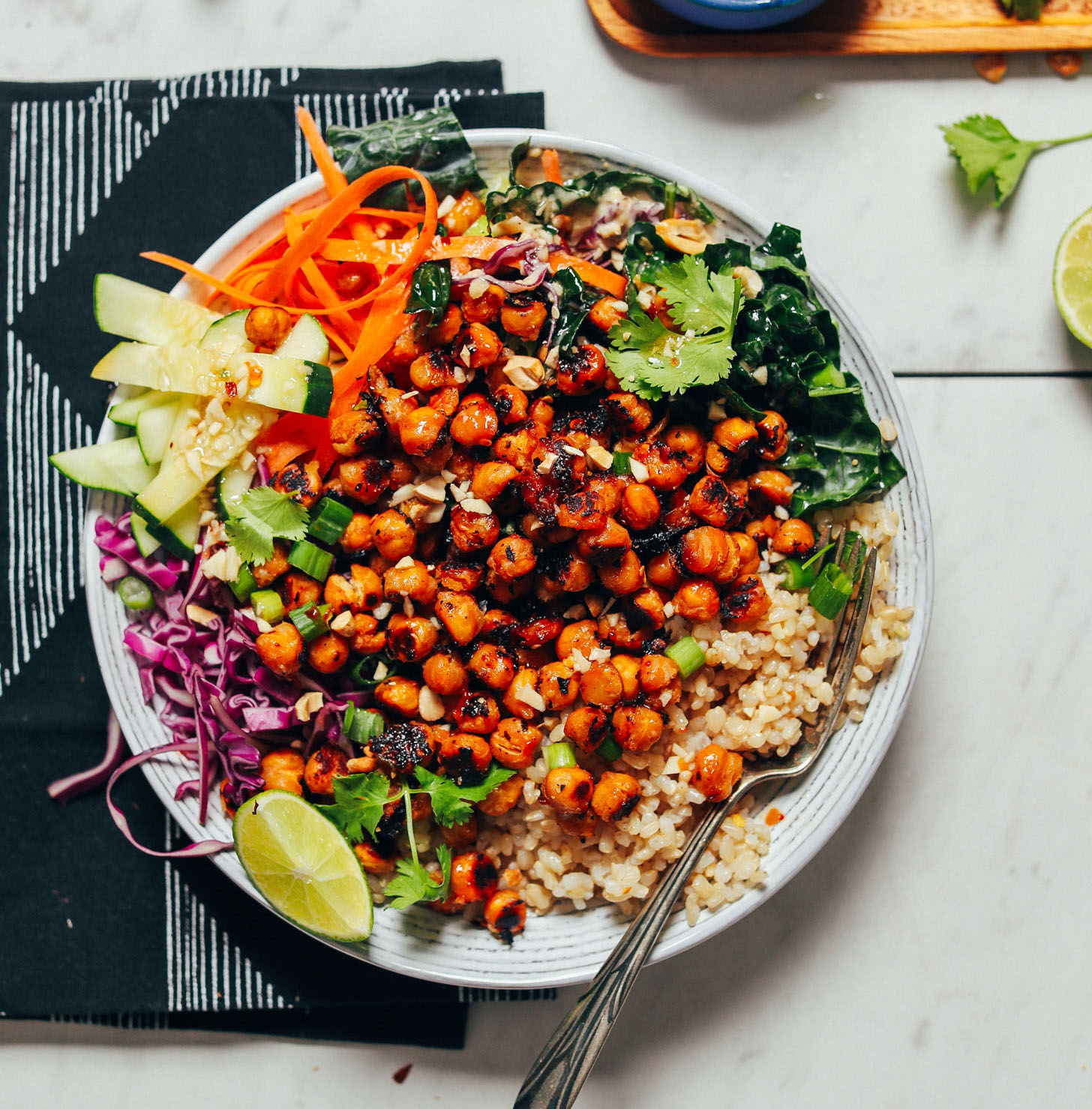 Gluten-Free vegan Crispy Miso Chickpea Bowl with fresh vegetables and brown rice