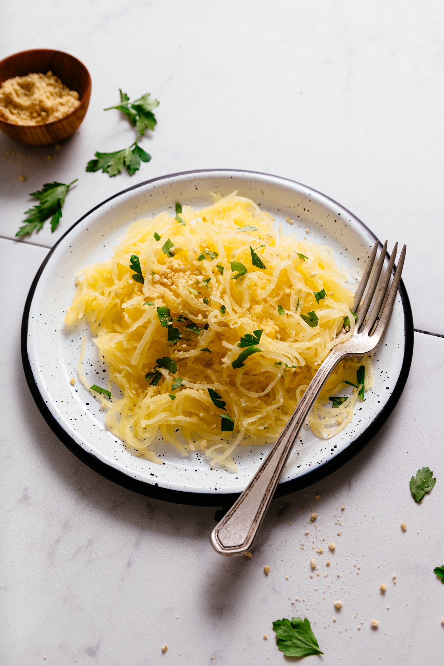 Plate of spaghetti squash pasta made using our tutorial on How to Roast Spaghetti Squash