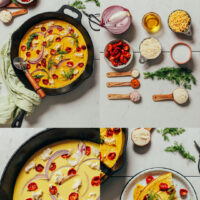 Photos of the ingredients and process of making our vegan frittata recipe