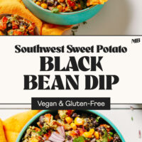 Two bowls of our Southwest Sweet Potato Black Bean Dip with text in between that says vegan and gluten-free