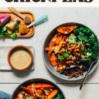 Easy sheet pan meal with curried sweet potato and chickpeas written above a photo with bowls of the dish