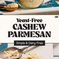 Jar and spoonfuls of our yeast-free and dairy-free cashew parmesan cheese recipe that's simple to make