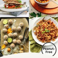 Back to School Lunch and Snack Ideas round-up poster featuring photos of Vegan "BLT" Sandwich, Sun-Dried Tomato Pasta, Crispy Baked Chickpeas and Mango Energy Bites with tagline: Back-to-School Lunch & Snack Ideas