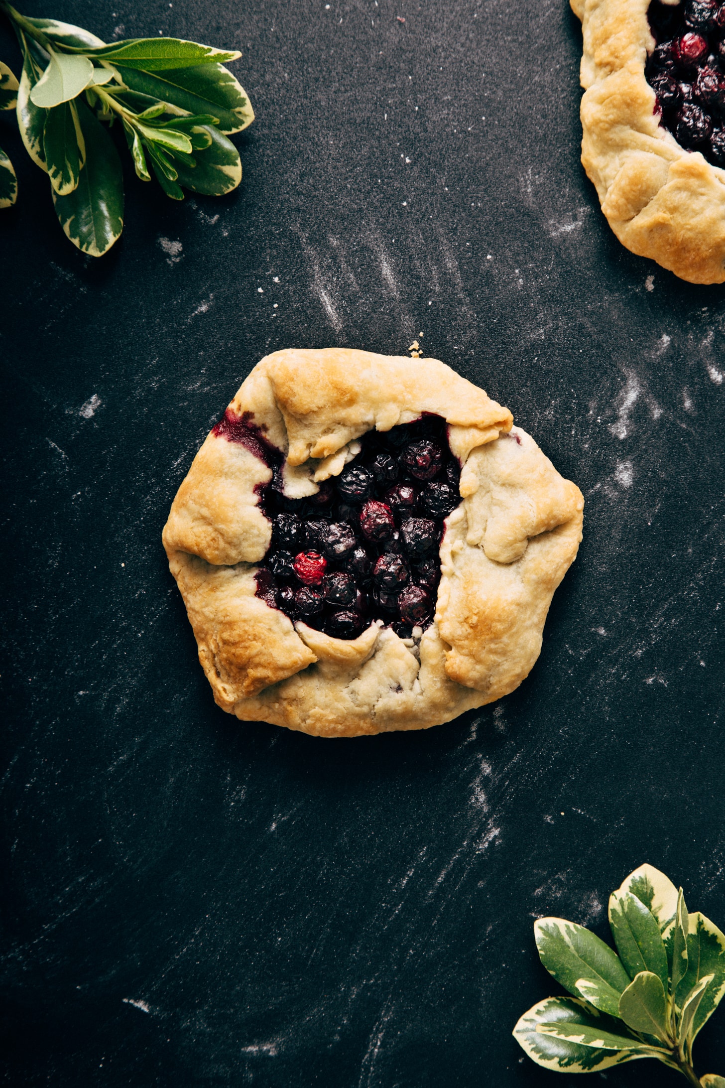 Perfectly browned Mini Blueberry Galette on a dark background