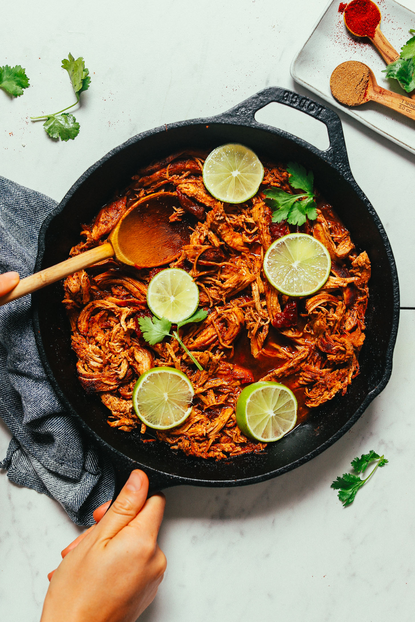 Large cast iron skillet filled with a batch of our Mexican Shredded Chicken recipe
