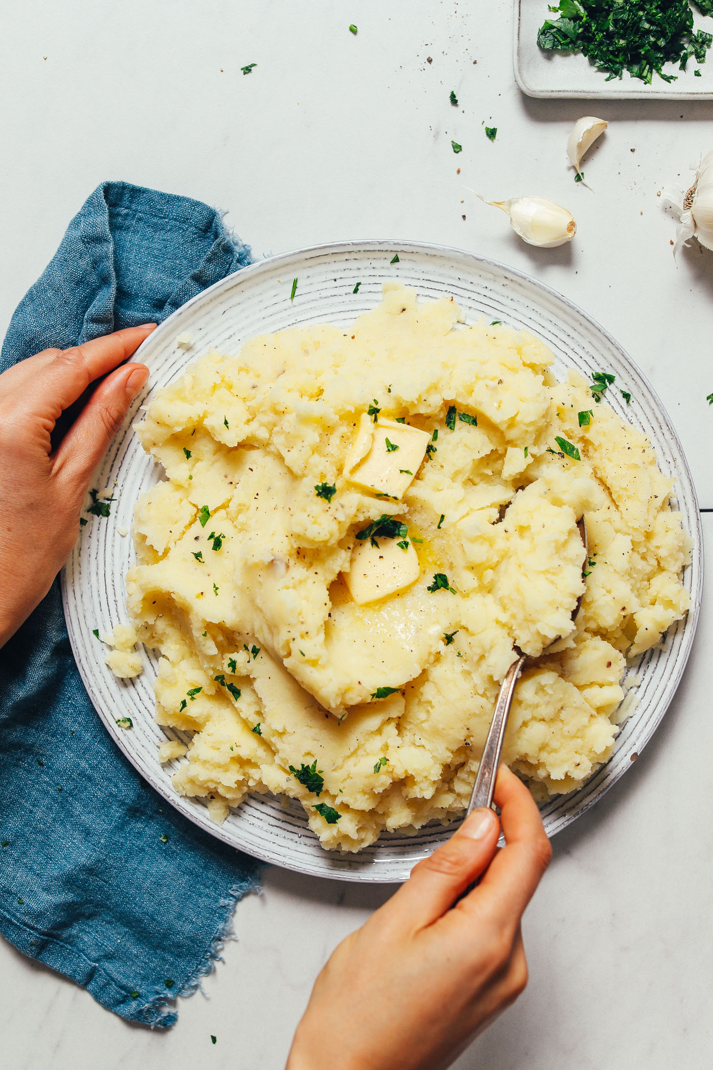 Plate of delicious Vegan Mashed Potatoes for an easy Thanksgiving side