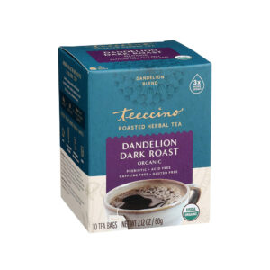 Box of Teeccino Dandelion Dark Roast for a caffeine-free herbal substitute for coffee