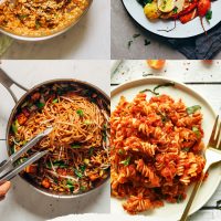 Risotto, roasted veggie bowl, pad thai, and lentil pasta for our round-up of Easy Gluten-Free Dinner Recipes