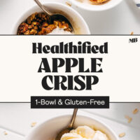 Bowls of our healthier vegan and gluten-free apple crisp topped with vanilla ice cream