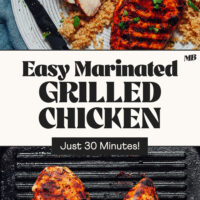 Grilled chicken breasts on a plate with quinoa and on a grill pan