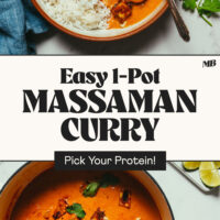 A bowl and Dutch oven of our easy 1-pot massaman curry with protein options for vegans, pescatarians, and meat-eaters