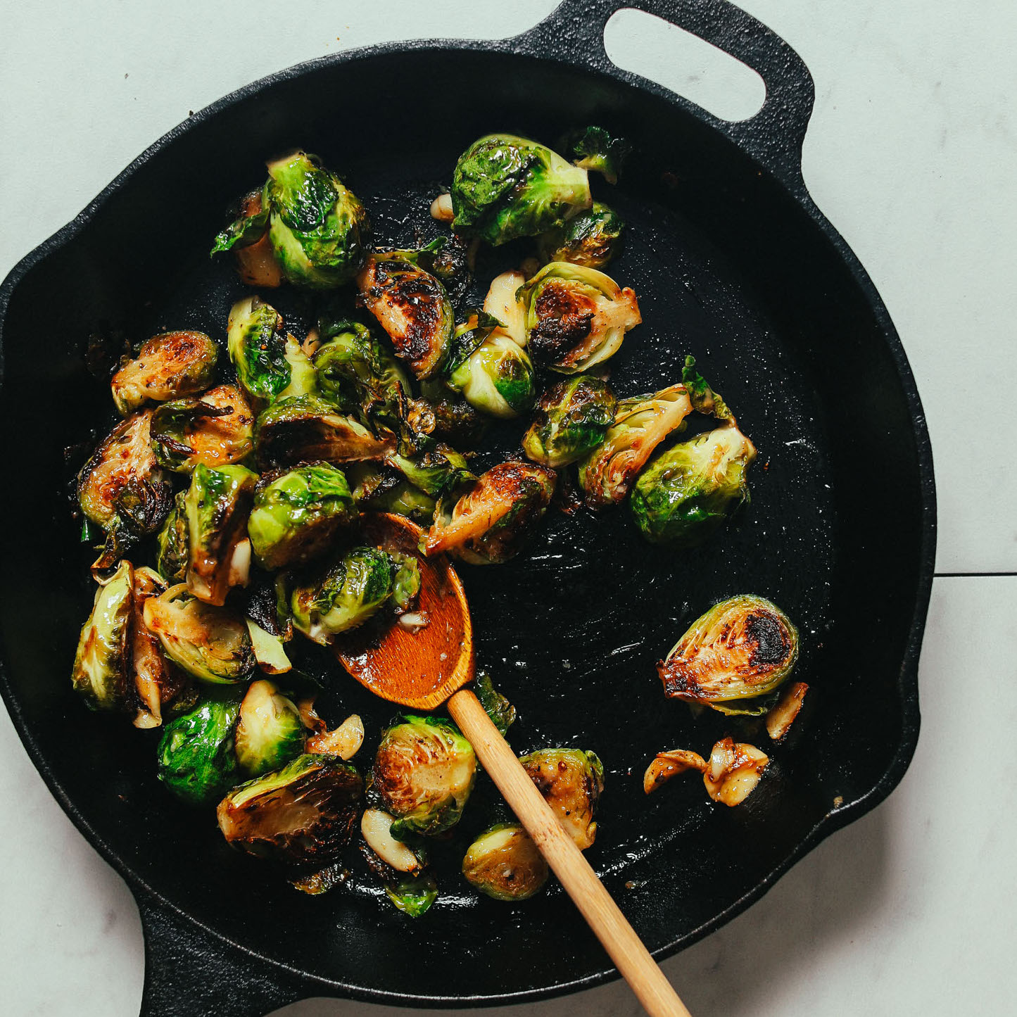 Skillet of Crispy Roasted Brussels Sprouts with Miso Glaze