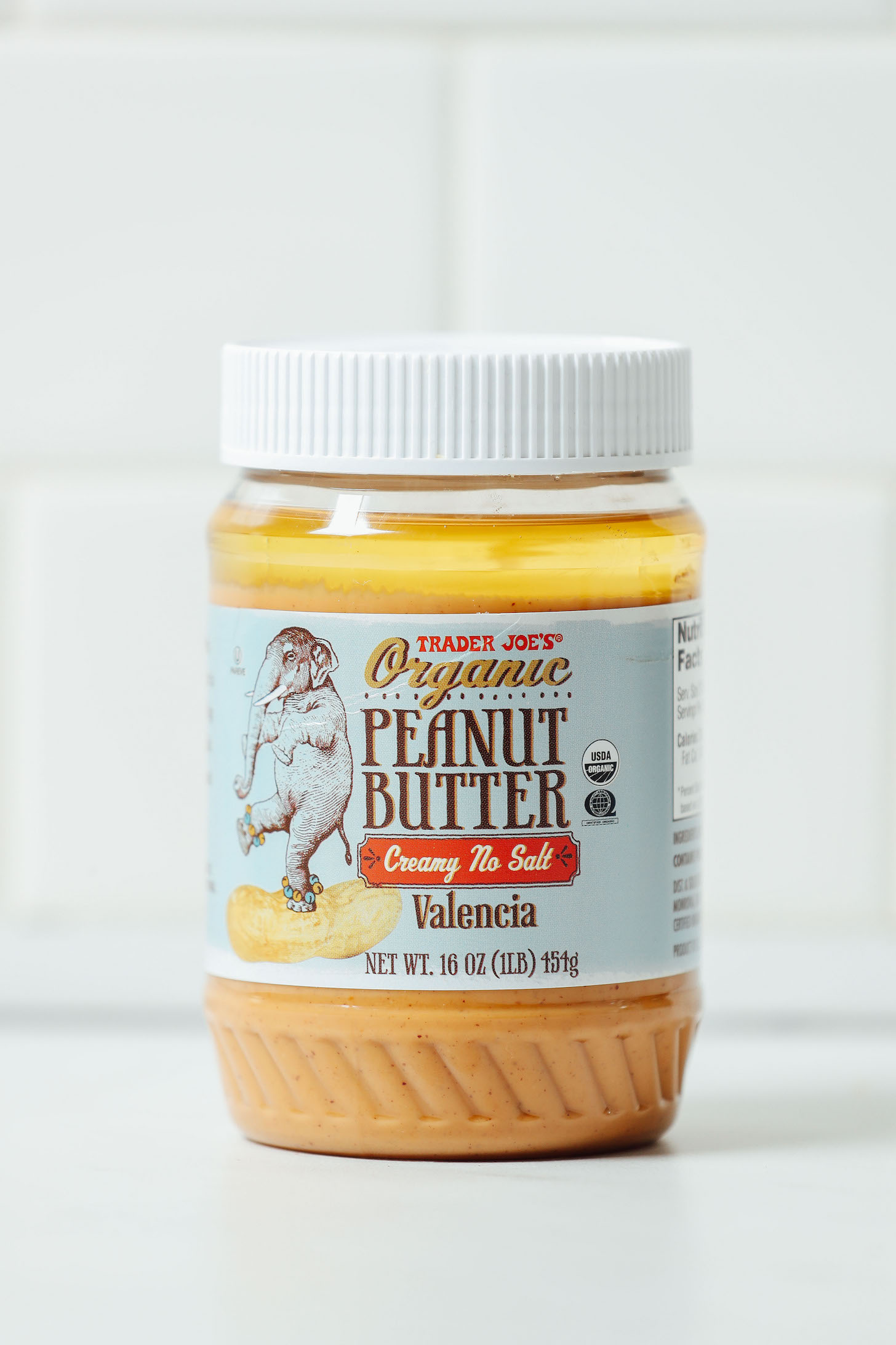 Jar of Trader Joe's Peanut Butter for our unsponsored review of peanut butters on the market