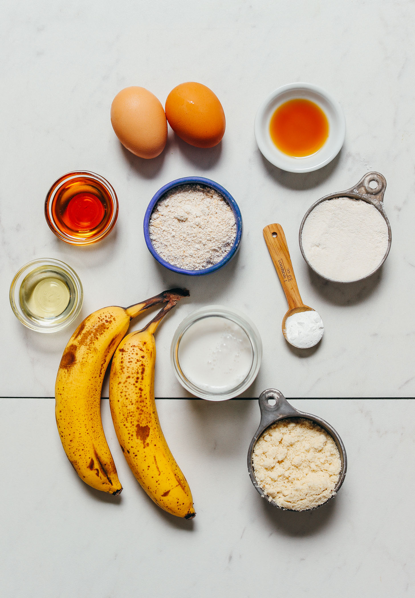 Bananas, almond flour, and other ingredients for making our easy banana pancakes recipe