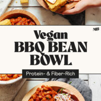 Protein- and fiber-rich Vegan BBQ Bean Bowls with cornbread, coleslaw, and BBQ beans
