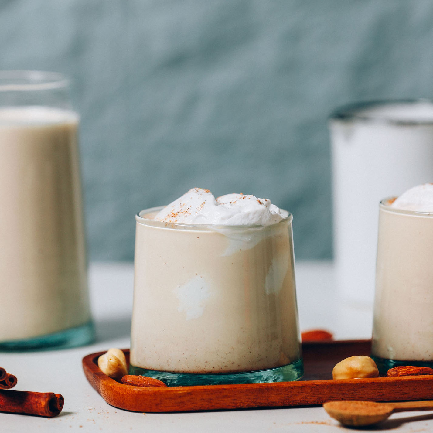 Glasses of our Vegan Eggnog recipe for a festive holiday drink