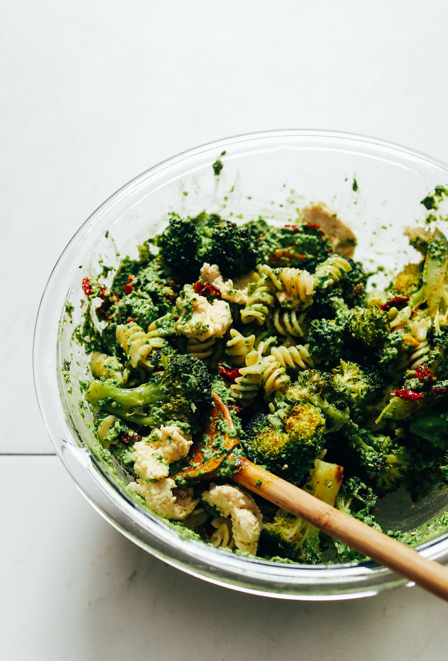 Bowl of pasta salad made with roasted broccoli