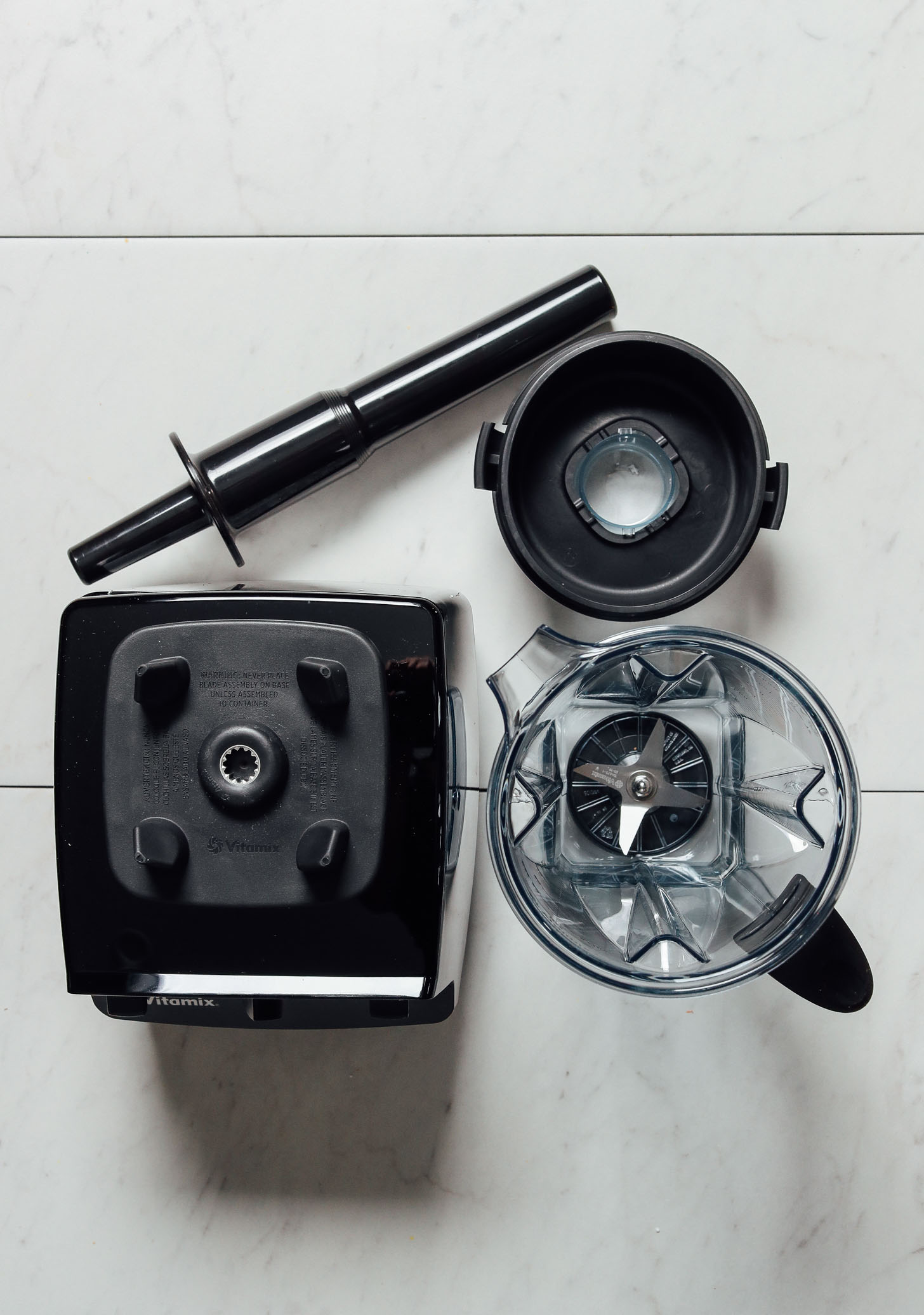 Top down shot of the Vitamix 5200 blender and all of its parts