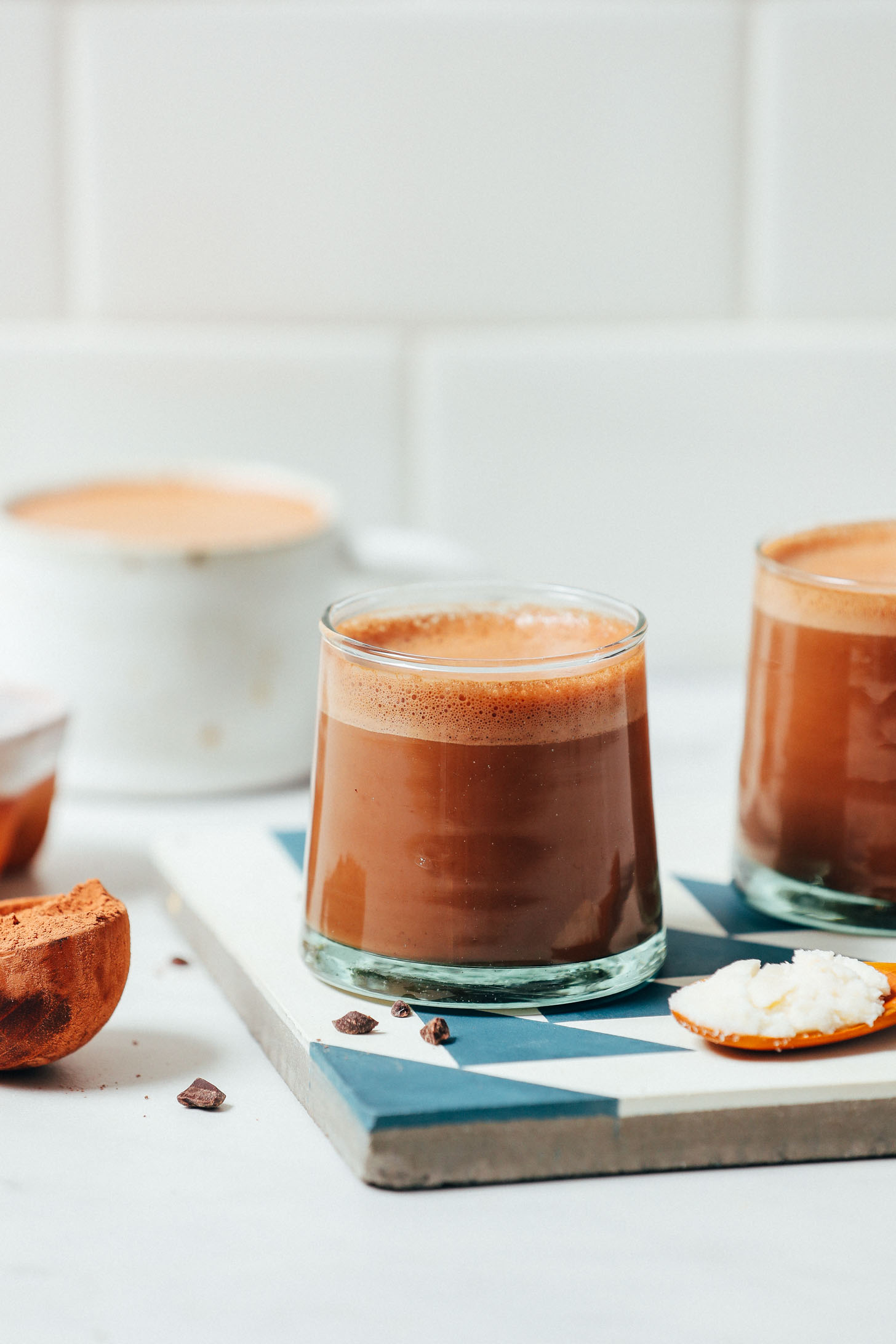 Glasses of our Low Sugar Adaptogenic Hot Chocolate recipe