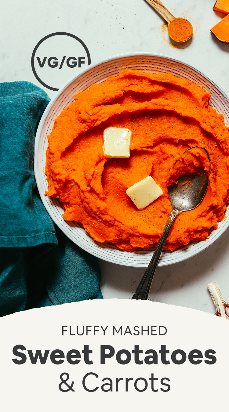 Bowl of Fluffy Mashed Sweet Potatoes and Carrots topped with squares of vegan butter