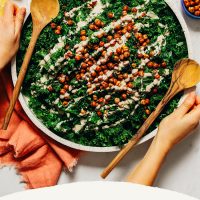 Large platter filled with our Easy Massaged Kale Salad recipe