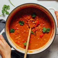 lifting a pot of Tikka Masala garnished with cilantro sprigs and shown with a wooden serving spoon