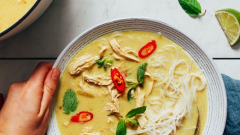 Vintage spoon in a bowl of our Cozy Thai-Inspired Chicken Noodle Soup recipe