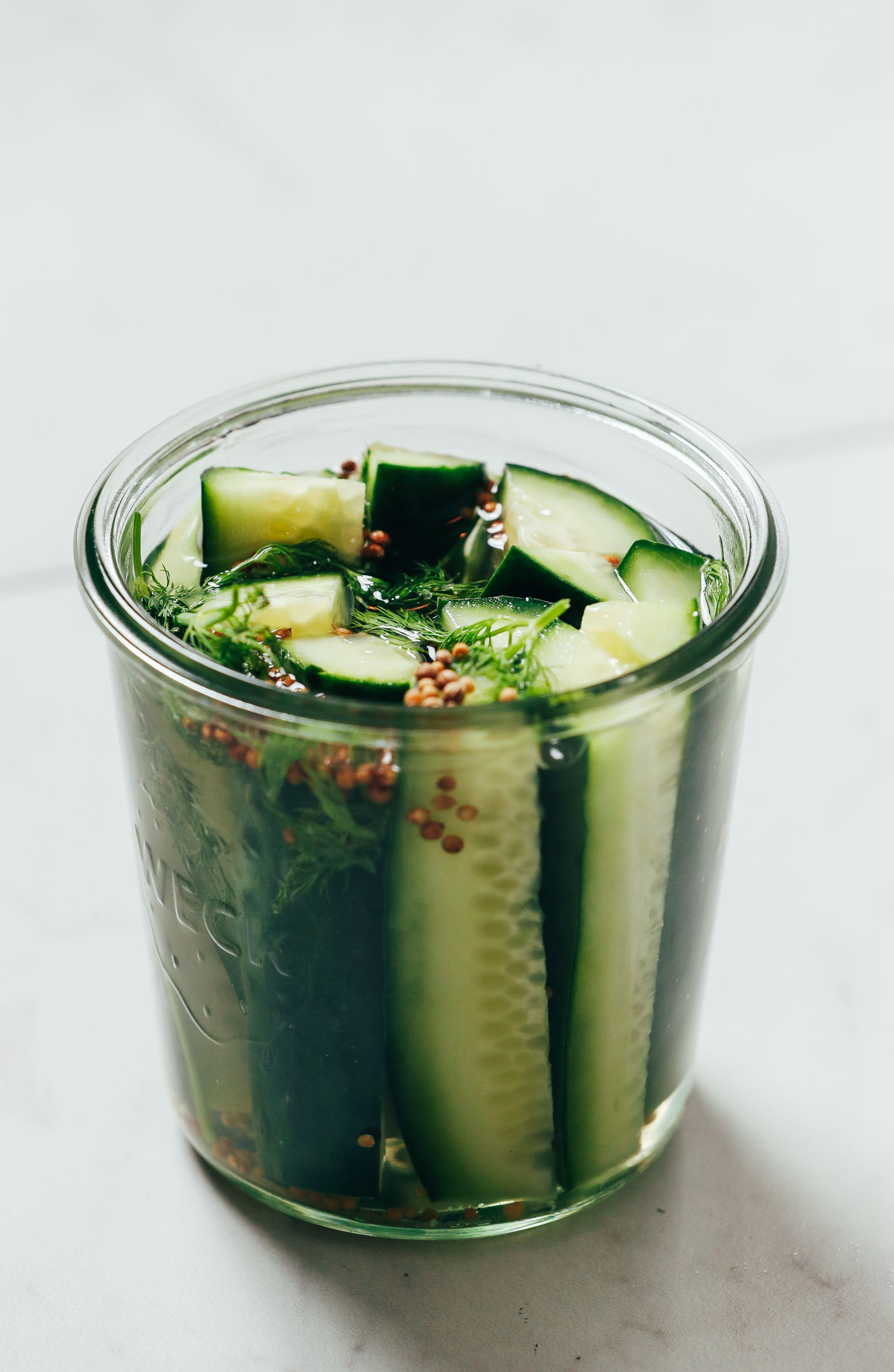 Top angle shot of a jar of Refrigerator Pickles
