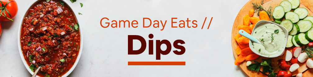 Bowls of salsa and ranch with veggies for our round-up of super bowl dip recipes