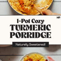 Saucepan and bowl of our 1-pot cozy turmeric porridge with text in between that says naturally sweetened