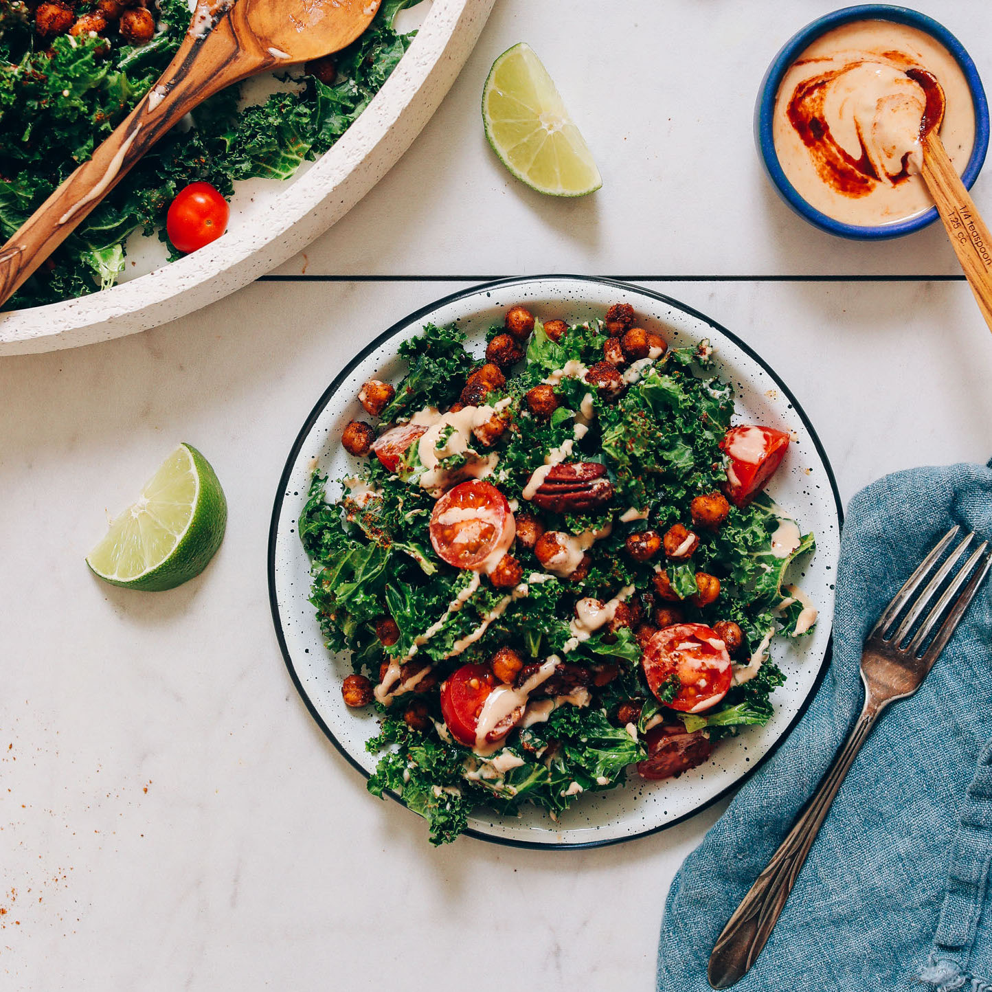 Plate of Chopped Kale Salad with chickpeas and Adobo Dressing