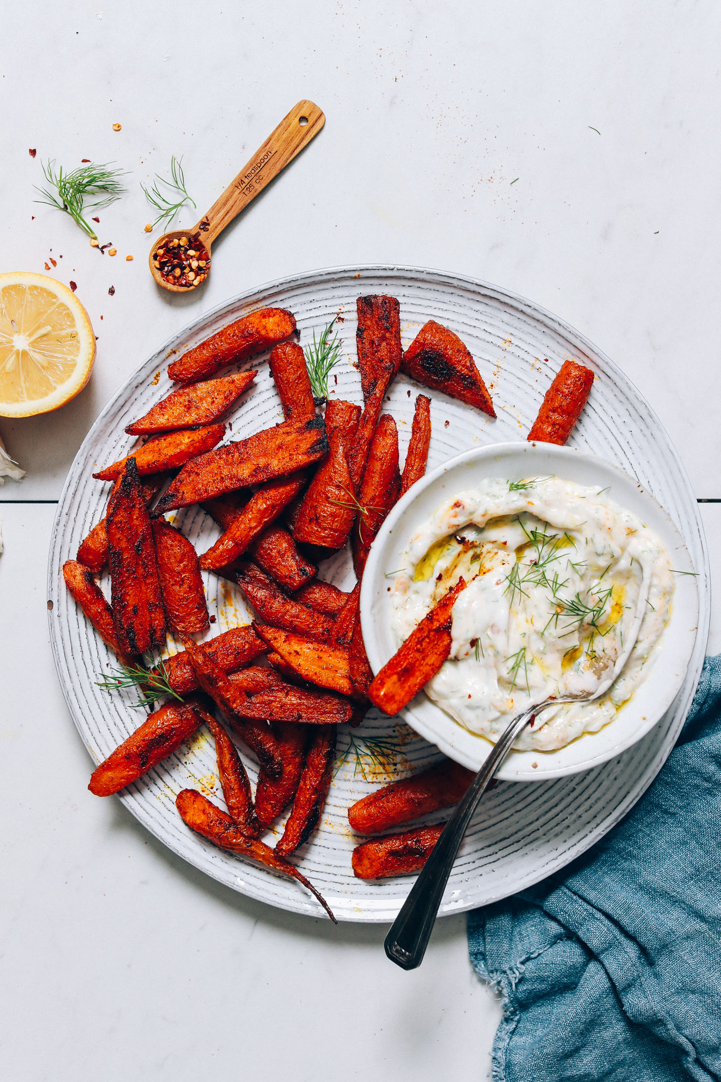 Plat of Moroccan-Spiced Carrots with a bowl of Dairy-Free Yogurt Dip