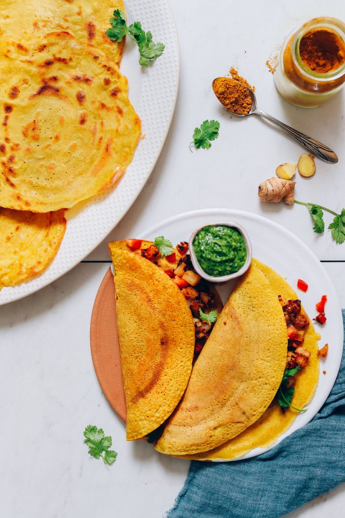 Savory Moong Dal Rice Crepes (Dosa or Cheela)