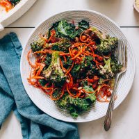 Plate of Cheesy Roasted Broccoli Salad with chickpeas and kale