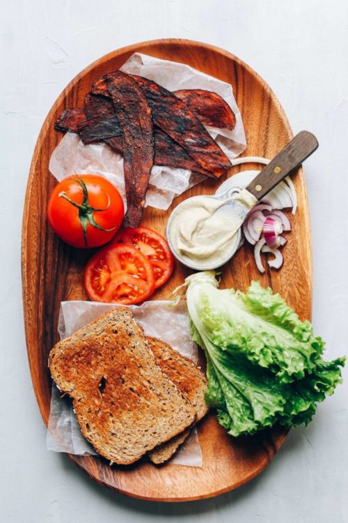 DELICIOUS Vegan BLT with Eggplant Bacon, Oil-Free Vegan Mayo, Tomato and Onion! #vegan #plantbased #blt #sandwich #healthy #recipe #minimalistbaker