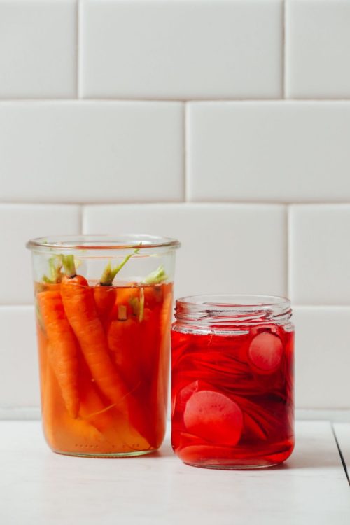 Jars of quick pickled carrots and radish