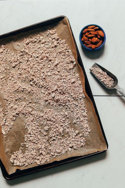 Baking sheet of almond meal made from almond milk pulp