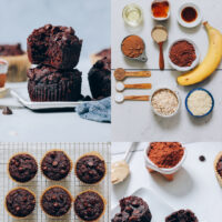 Photos showing our fudgy banana chocolate chip muffins and the ingredients used to make them