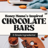 Honey Mama's-inspired chocolate bars in a stack on a plate and a couple bars staggered on a platter with text between the photos that says 5 simple ingredients