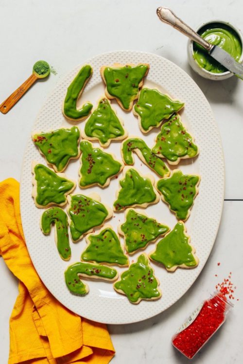 Platter of Grain-Free Sugar Cookies topped with Matcha Buttercream Frosting