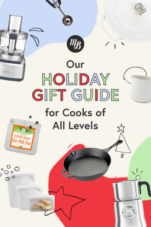 Food processor, mug, cookie scoop, and dutch oven with text saying Our Holiday Gift Guide for Cooks of All Levels