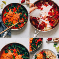 Text reading easy 1-pan salmon red curry above photos of the recipe