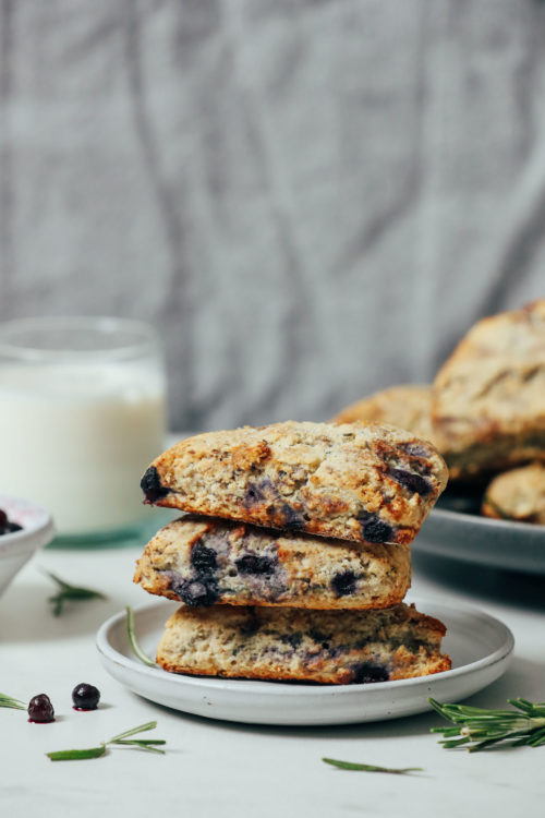 Stack of gluten-free scones made with wild blueberries and rosemary
