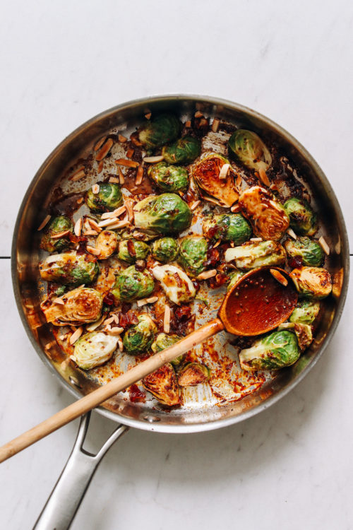 Pan of Honey Mustard Roasted Brussels Sprouts with almonds