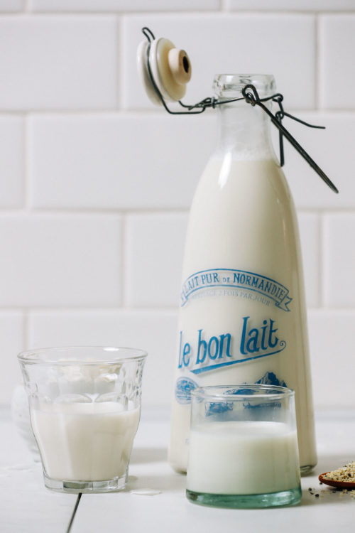 Glasses and vintage milk jug of Coconut Hemp Milk