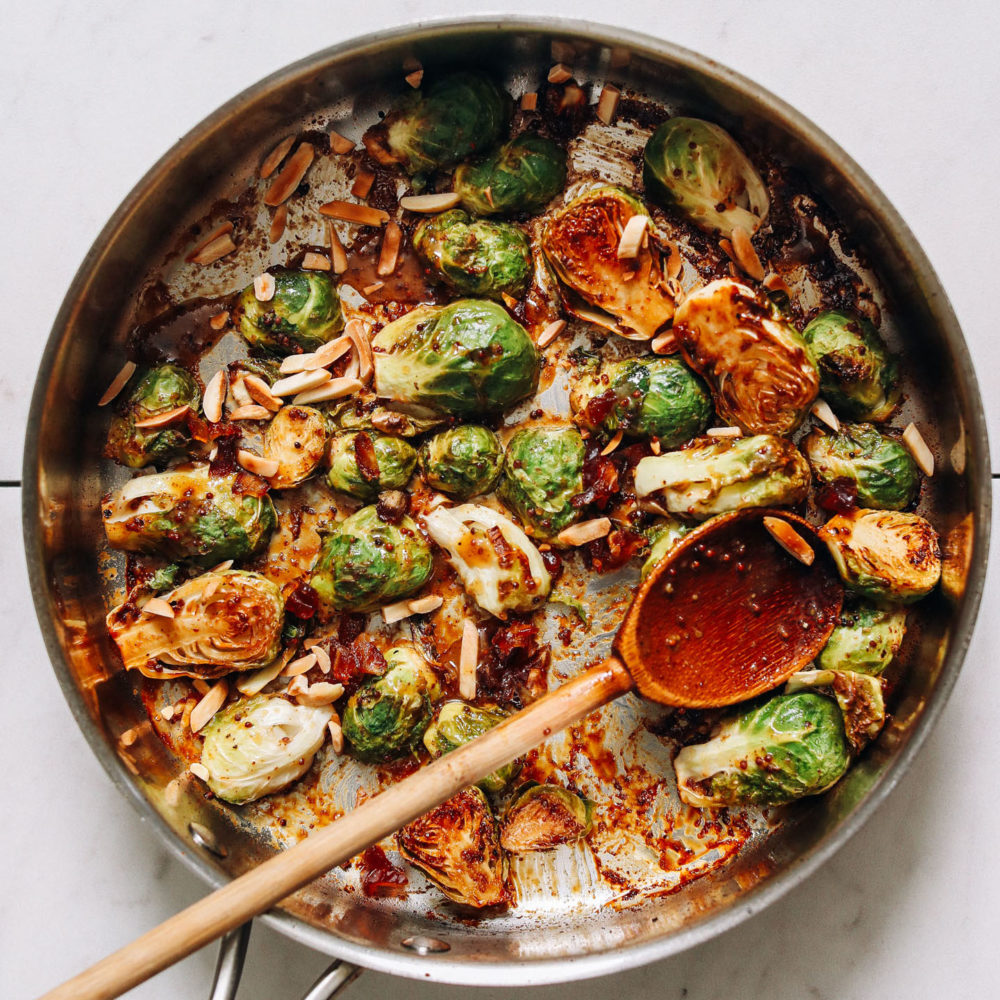 Skillet of Honey Mustard Brussels Sprouts with almonds
