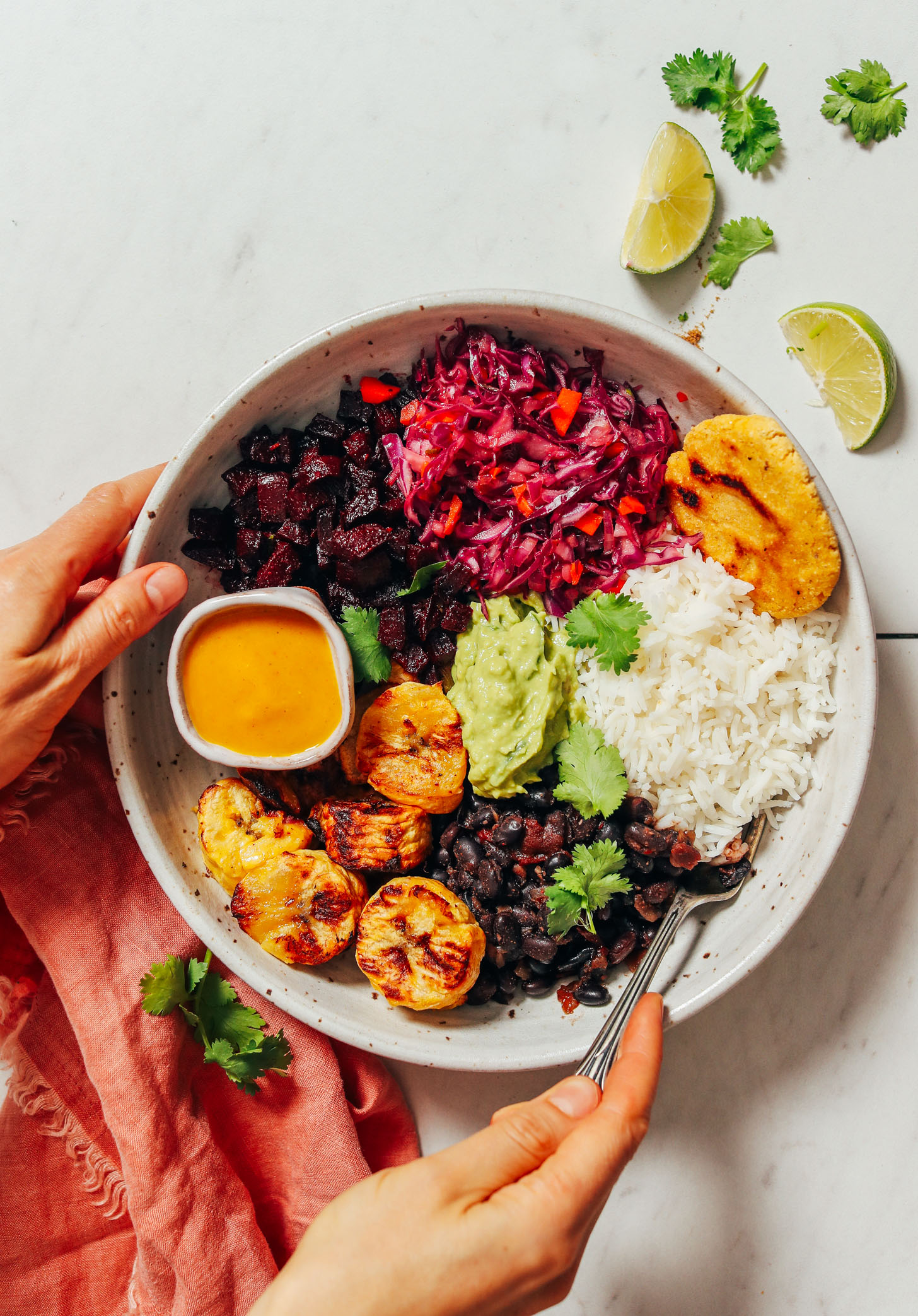 Bowl of roasted plantains, beet relish, cabbage slaw, hot sauce, arepa, guacamole, beans, and rice