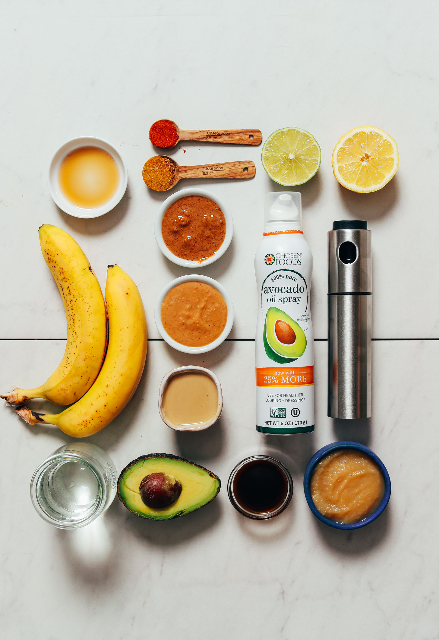 Applesauce, coconut aminos, avocado, bananas, tahini, and more ingredients for low oil cooking