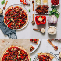 Photos of our vegan gluten-free sausage pizza plus ingredients used to make it