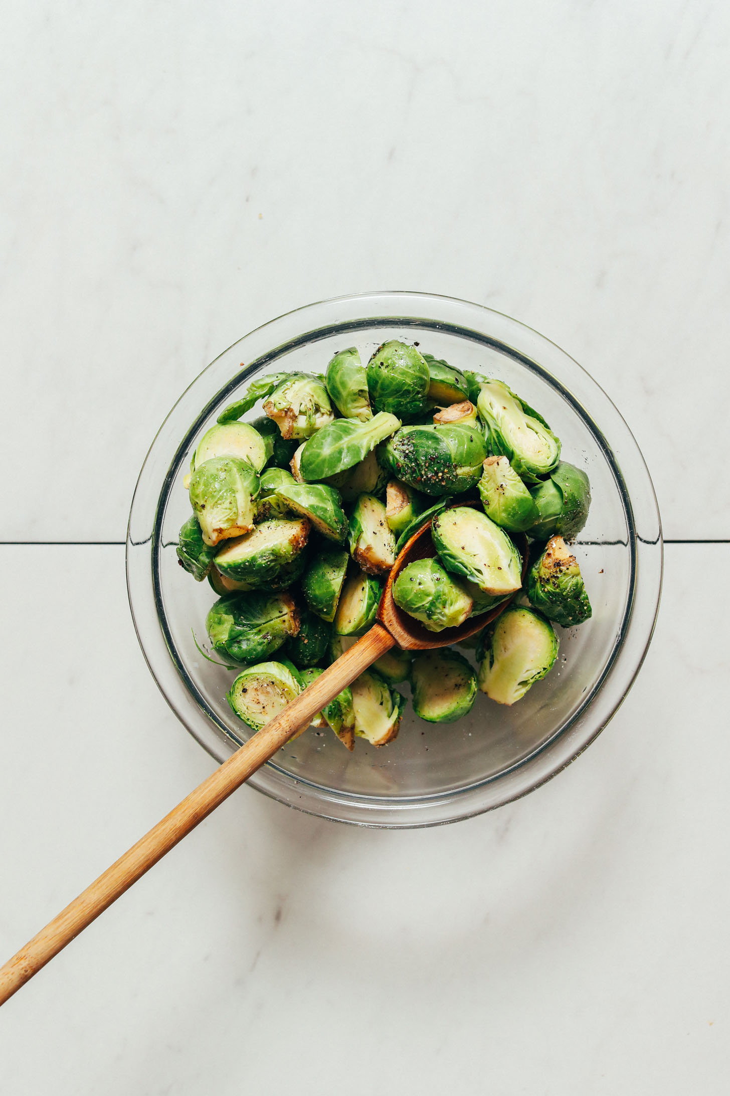 Bowl of halved Brussels sprouts